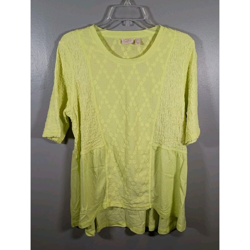 LOGO by Lori Goldstein Lavish Neon Green Geometric Smocked Top Size Medium